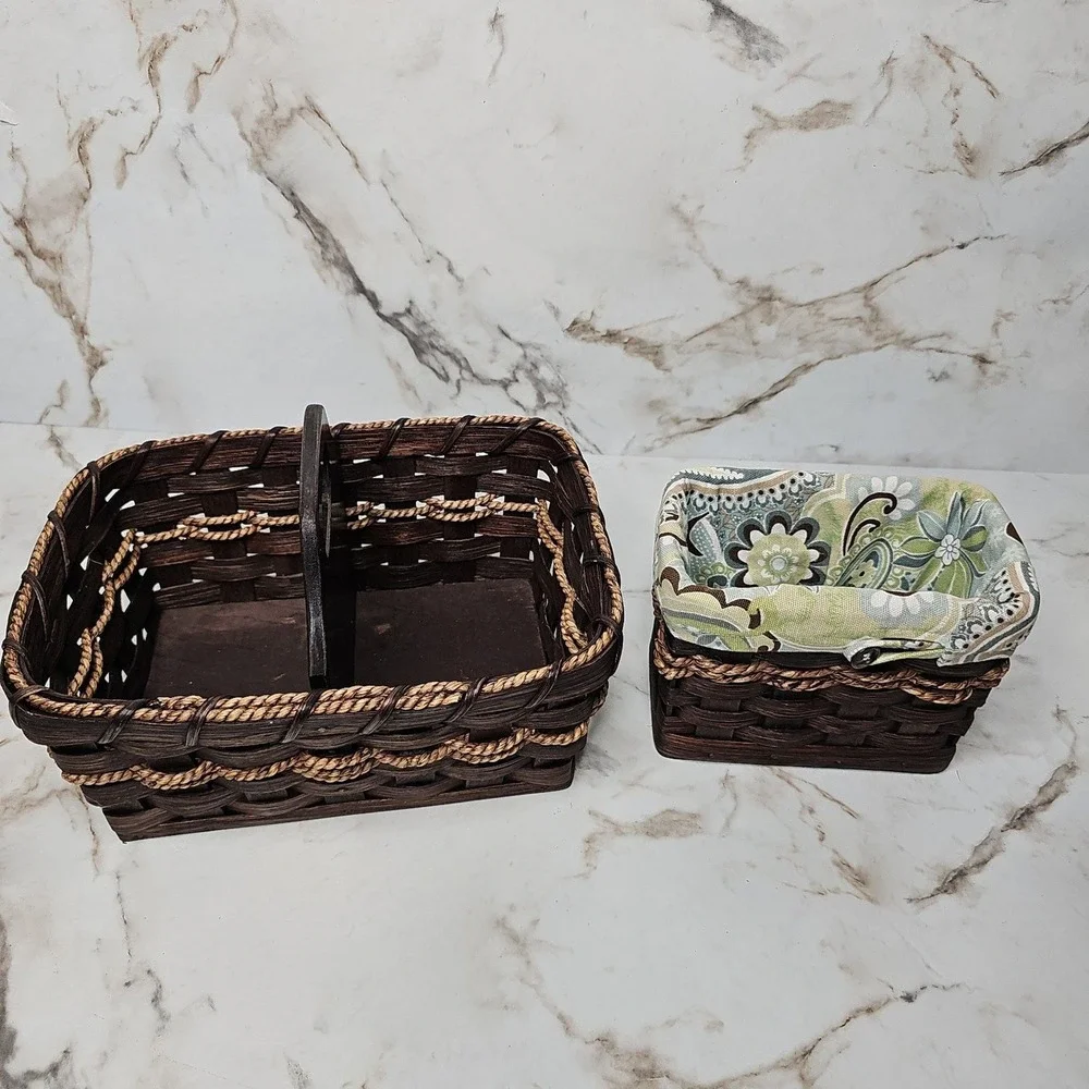 Handcrafted Brown Woven Wood Caddy & Lined Basket Set Organization‎ Cottagecore